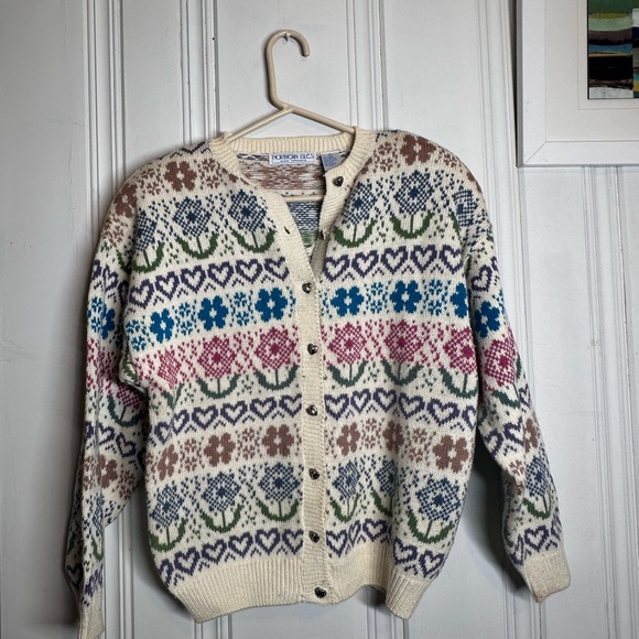Northern Isles Vintage Multicolor Floral Heart Patterned Sweater Cardigan M - Picture 2 of 5